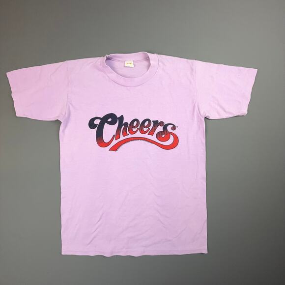 Vintage Cheers TV Show Tee Purple Velva Sheen M 80s Single Stitch Bar Shirt - Picture 1 of 5